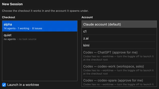 The New Session sheet, asking you to choose the checkout the session works in and the account it runs as. On the left, the Checkout list holds two checkouts: alpha, selected, with 14 agents, 1 working and 8 issues; and quiet, with no agents and no task source. Under the list, the Launch in a worktree checkbox is selected. On the right, the Account list starts with the default Claude account, selected, then three profiles, c1, z.ai and kimi, then three Codex rows: ChatGPT, approve for me; codex-work, workspace, asks; and codex-spare, approve for me. The Codex rows are dimmed, each explaining that Codex has no worktree option and the checkbox must be cleared to launch it at the checkout root.