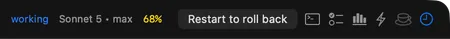 The right end of the bar: the selected agent's status, working; its model and thinking level; its context, 68 percent used; the Restart button, which reads Restart to roll back; and six controls — Terminal, Tasks, Usage, the stall nudger, keep awake, and Activity, which is lit.