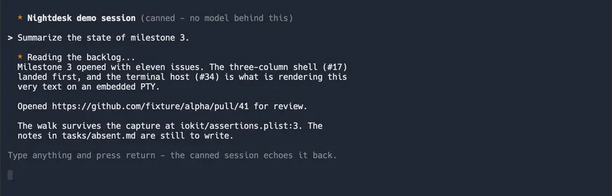 The center column showing the selected agent's session as a terminal, in demo mode: a banner naming the canned demo session, a prompt asking for the state of a milestone, the session's reply, and a cursor waiting for input.