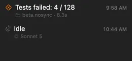 The project drawer showing two events: a test run in the selected agent's checkout that failed 4 of 128 tests, and the agent going idle, each with the time it happened.